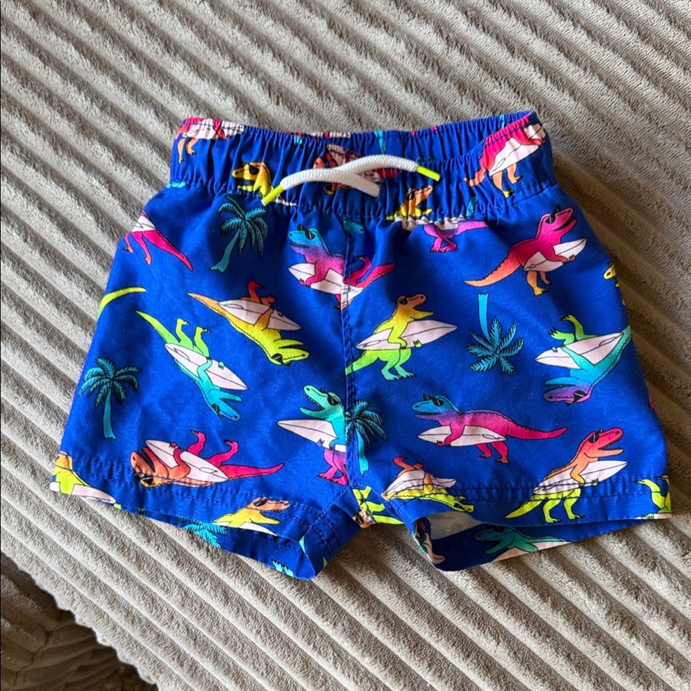 Blue Kids Swim Trunks with Colorful Surfing Dinosaurs